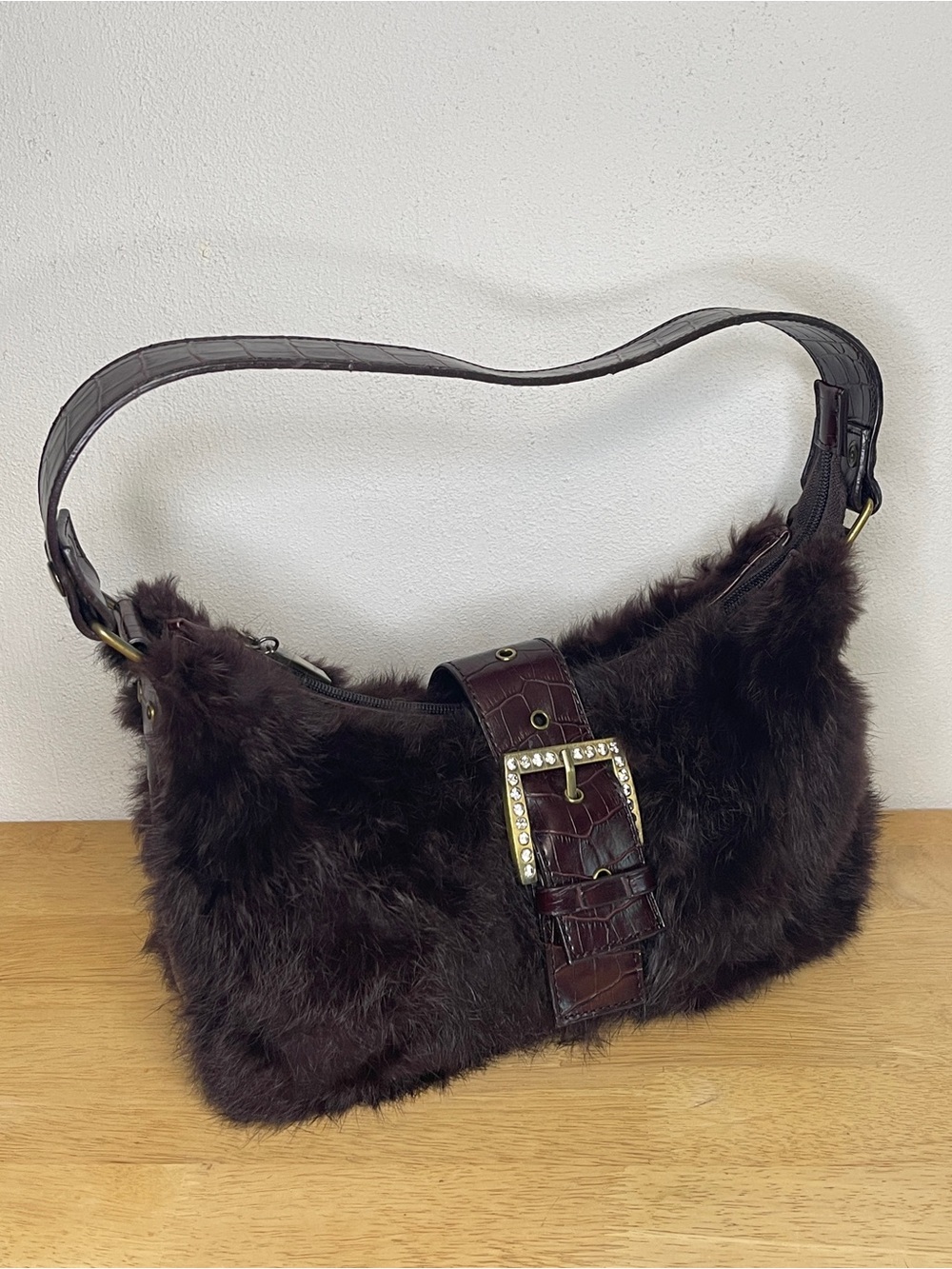 Unbranded Faux Fur Shoulder Bag With Embellished Buckle - Dark Brown